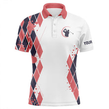 Load image into Gallery viewer, Blue and Pink argyle pattern White Golf Polo Shirt for men Custom male golf attire for men NQS8575