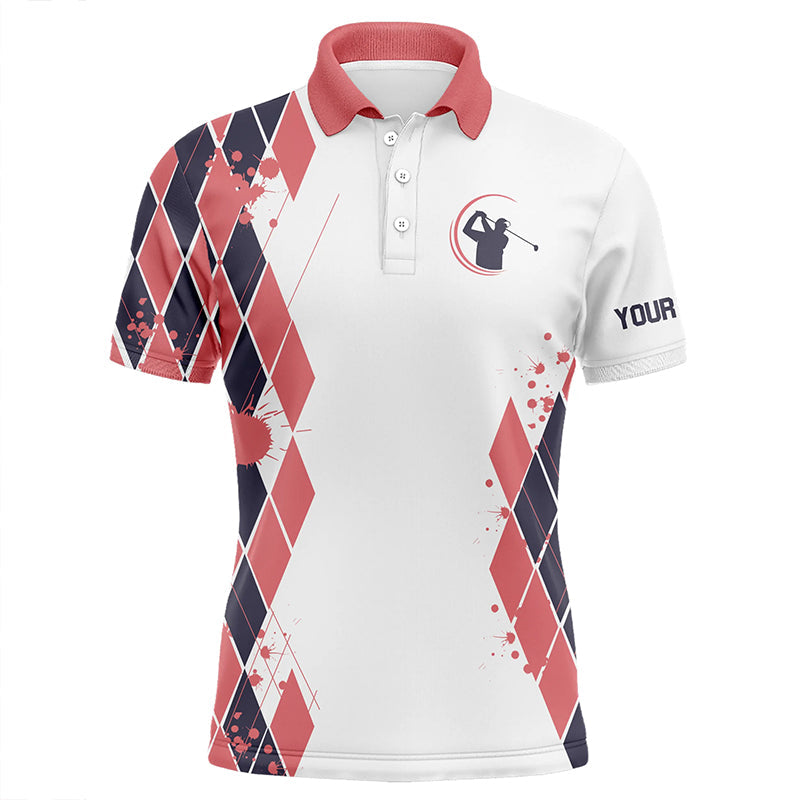 Blue and Pink argyle pattern White Golf Polo Shirt for men Custom male golf attire for men NQS8575