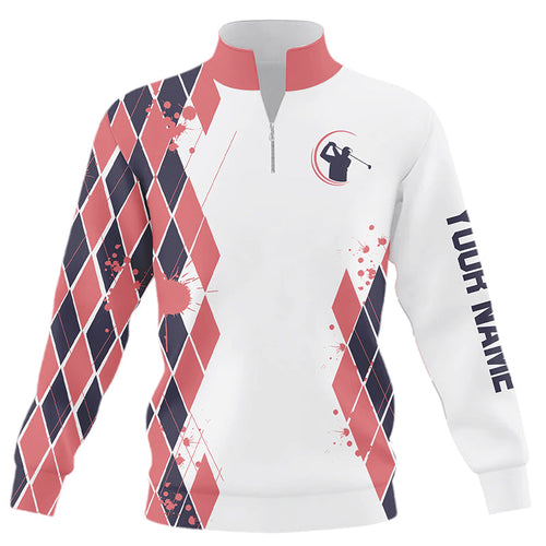 Blue and Pink argyle pattern White Quarter zip golf sweatshirt Custom golf sweater clothing NQS8575