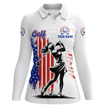 Load image into Gallery viewer, American Flag White Women golf polo shirt custom patriotic team golf shirts for ladies golfer gifts NQS8828