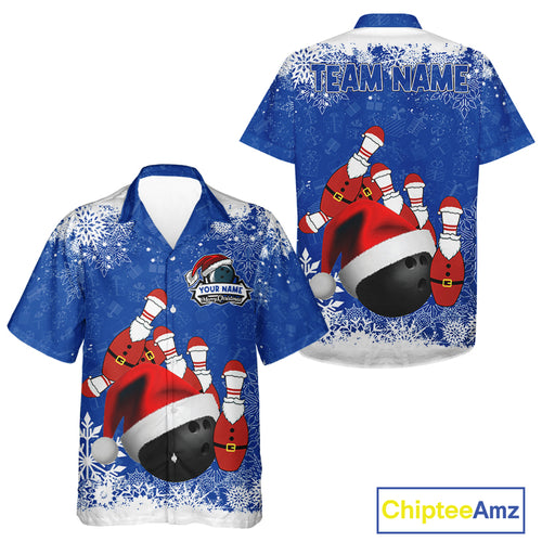 Bowling Hawaiian Shirt Custom Funny Christmas snowflake Santa Bowling Ball pins Team Jersey | Blue NQS11142