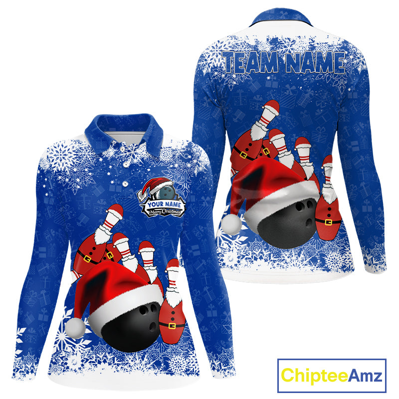 Womens bowling shirts Custom Funny Christmas snowflake Santa Bowling Ball pins Team Jersey | Blue NQS11142