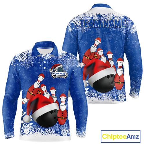 Mens bowling shirts Custom Funny Christmas snowflake Santa Bowling Ball pins Team Jersey | Blue NQS11142