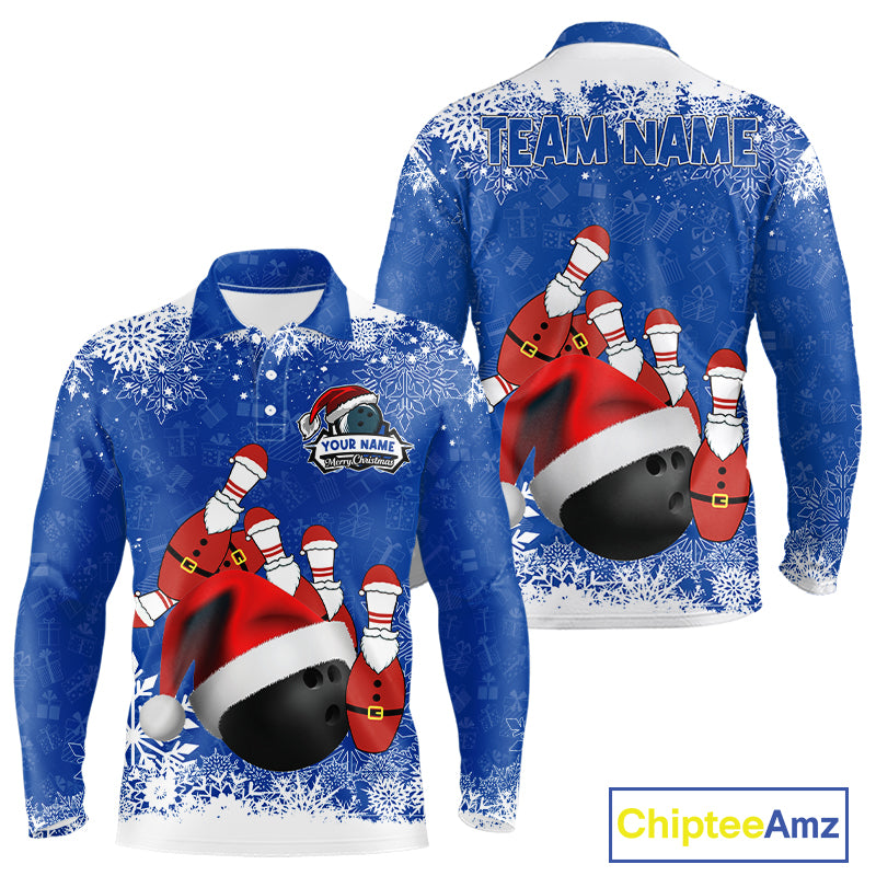 Mens bowling shirts Custom Funny Christmas snowflake Santa Bowling Ball pins Team Jersey | Blue NQS11142