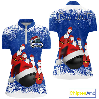 Womens bowling shirts Custom Funny Christmas snowflake Santa Bowling Ball pins Team Jersey | Blue NQS11142