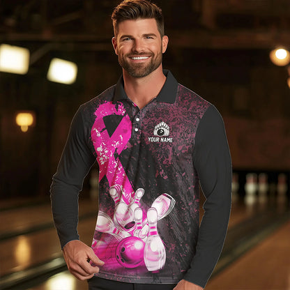 Personalized Pink Ribbons Grunge Bowling Shirts For Men, Custom breast cancer bowling Team shirts NQS9613