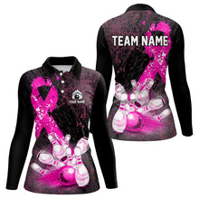 Load image into Gallery viewer, Personalized Pink Ribbons Grunge Bowling Shirts For Women, Custom breast cancer bowling Team shirts NQS9613