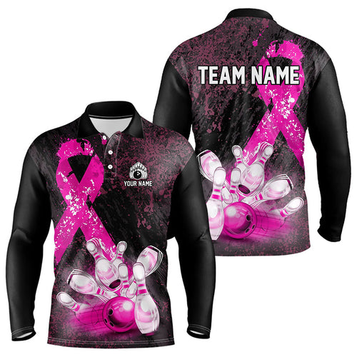 Personalized Pink Ribbons Grunge Bowling Shirts For Men, Custom breast cancer bowling Team shirts NQS9613