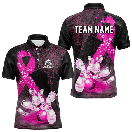 Personalized Pink Ribbons Grunge Bowling Shirts For Men, Custom breast cancer bowling Team shirts NQS9613
