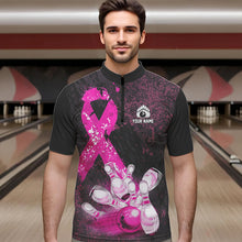 Load image into Gallery viewer, Personalized Pink Ribbons Grunge Bowling Shirts For Men, Custom breast cancer bowling Team shirts NQS9613