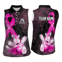 Load image into Gallery viewer, Personalized Pink Ribbons Grunge Bowling Sleeveless Polo Shirts, Custom breast cancer bowling shirts NQS9613
