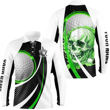 Load image into Gallery viewer, Black and white Golf Skull Mens golf polo shirt custom golf attire for men, gifts for golfer | Green NQS7950