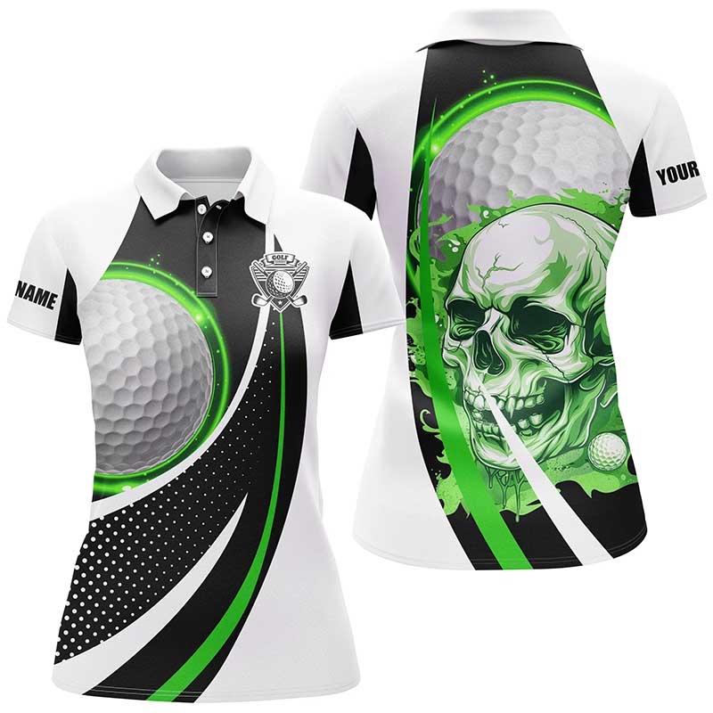 Black and white Golf Skull Womens golf polos shirts custom golf attire for ladies golfer gifts | Green NQS7950