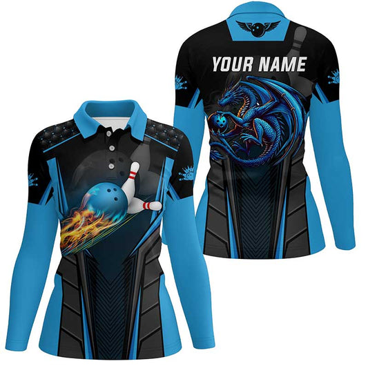 Personalized bowling shirt for Women Custom Dragon team blue Bowling jerseys polo, Quarter zip Shirts NQS7954