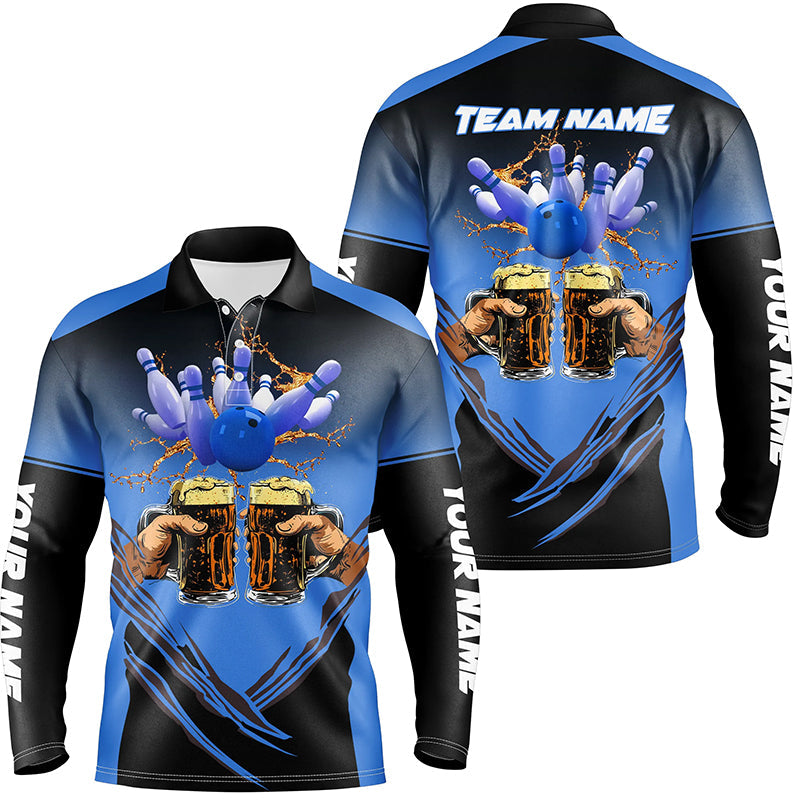 Bowling Beer Black and Blue Bowling Polo, 1/4 Quarter zip shirts Custom Mens Team Bowling jerseys NQS8159