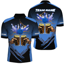 Load image into Gallery viewer, Bowling Beer Black and Blue Bowling Polo, 1/4 Quarter zip shirts Custom Mens Team Bowling jerseys NQS8159