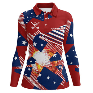 Red, white and Blue American Flag Flame Golf ball custom Womens golf polo shirts, golf gifts for women NQS8162