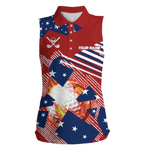 Red, white and Blue American Flag Flame Golf ball custom Women sleeveless golf polo shirt, golf gifts NQS8162