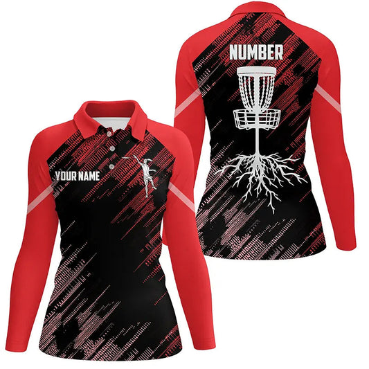 Red Disc golf basket camo custom name & number Women disc golf polo shirts, disc golf outfit NQS9066