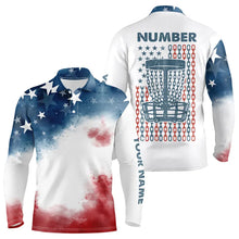 Load image into Gallery viewer, Watercolor American Flag Mens Disc golf polo shirts custom name and number patriotic disc golf jersey NQS9306