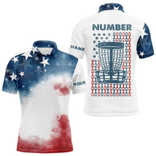 Load image into Gallery viewer, Watercolor American Flag Mens Disc golf polo shirts custom name and number patriotic disc golf jersey NQS9306