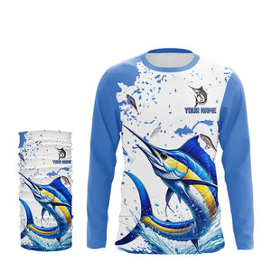 Personalized Blue and white Marlin Fishing Shirts Custom Marlin Long Sleeve Fishing Team Jerseys NQS9308