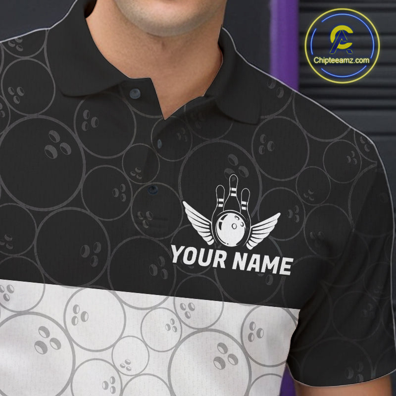 Black and White Bowling Camo Polo, 1/4 Zip Shirts for Men Custom Bowling Team League Bowlers Outfit NQS11701