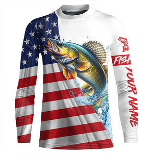 American flag patriotic Walleye fishing Custom Name UV Protection long sleeve Fishing Shirts for men NQS5370
