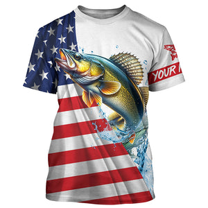 American flag patriotic Walleye fishing Custom Name UV Protection long sleeve Fishing Shirts for men NQS5370