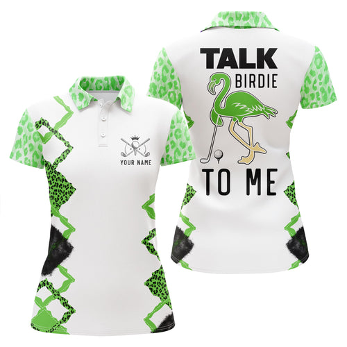 Funny green leopard Womens golf polo shirt talk birdie to me custom name green flamingo golf shirts NQS5371