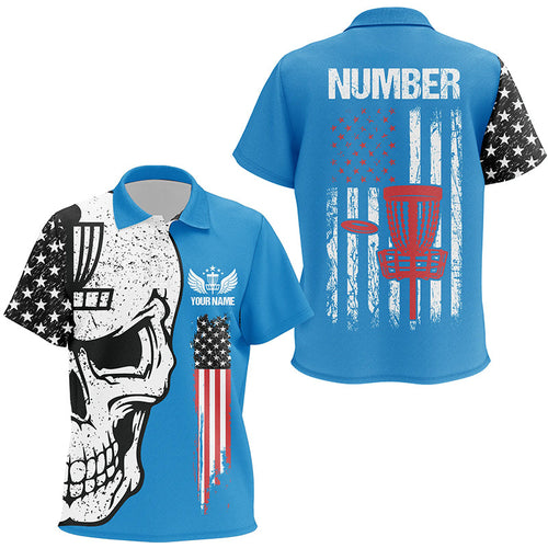 Blue American flag Kid golf polos shirt custom name, number patriotic disc golf skull apparel NQS7570