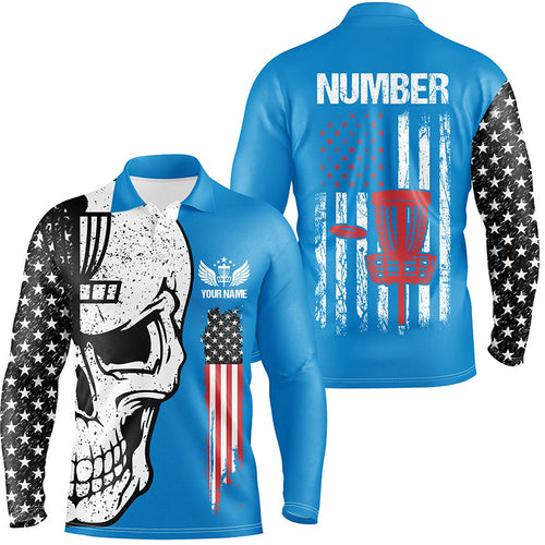 Blue American flag Mens disc golf polo shirts custom name, number patriotic disc golf skull apparel NQS7570