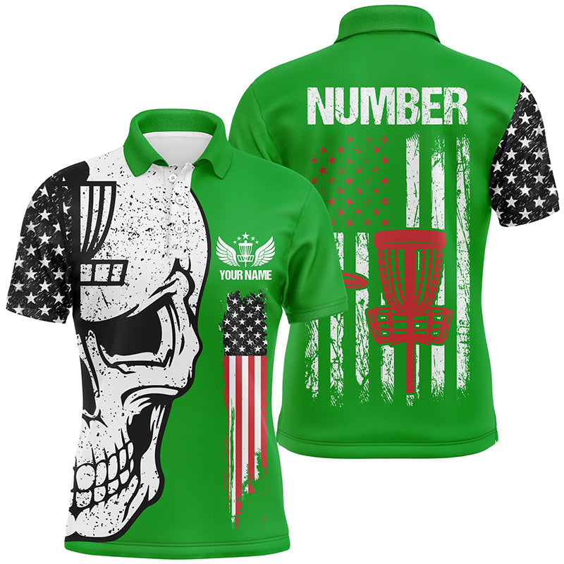 Green American flag Mens disc golf polo shirts custom name, number patriotic disc golf skull apparel NQS7571