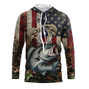 Striped bass fishing camo American Flag patriotic UV protection customize name fishing apparel NQS1902