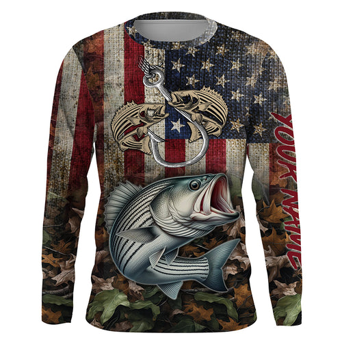 Striped bass fishing camo American Flag patriotic UV protection customize name fishing apparel NQS1902