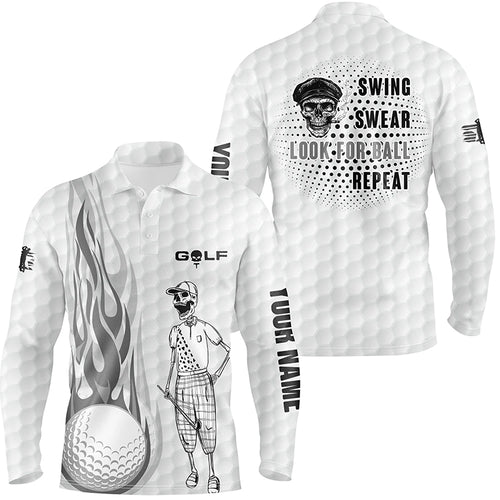 White golf ball skins Mens golf polo shirt custom name skull golf swing swear look for ball repeat NQS5613