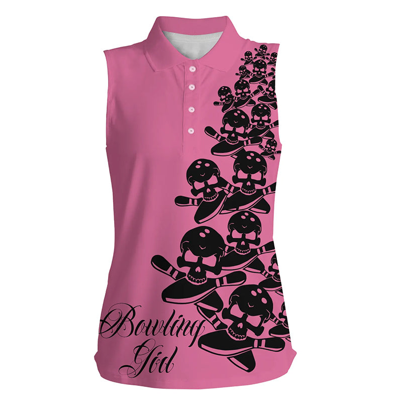Women's Bowling sleeveless polo Shirt Custom ladies skull Bowlers Jersey, team bowling gifts | Pink NQS5844