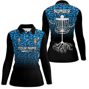 Womens golf polos shirts custom Blue diamond pattern disc golf basket jerseys, frisbee golf attire NQS7965