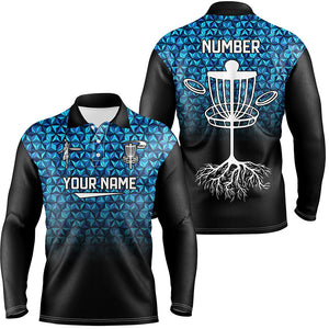 Mens golf polo shirts custom Blue diamond pattern disc golf basket jerseys, frisbee golf attire NQS7965