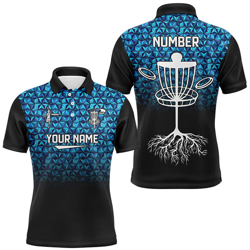 Mens golf polo shirts custom Blue diamond pattern disc golf basket jerseys, frisbee golf attire NQS7965