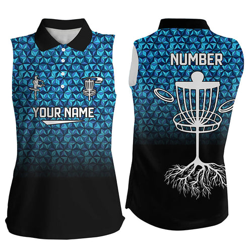 Womens Sleeveless golf polos shirt custom Blue pattern disc golf basket jerseys, frisbee golf attire NQS7965