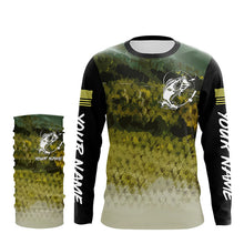 Load image into Gallery viewer, Largemouth bass Fishing green scales American flag Custom long sleeve performance Fishing jerseys NQS6052