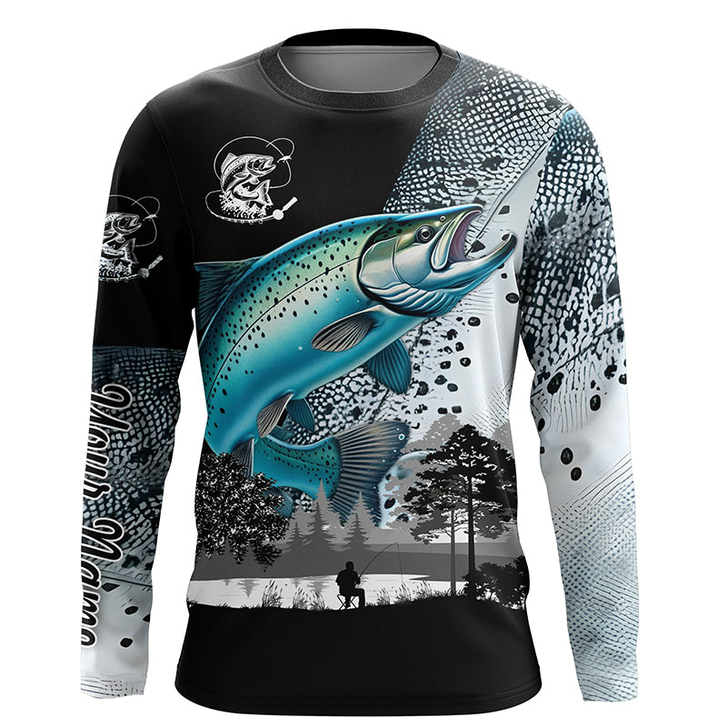 Chinook Salmon (King salmon) fishing scales Custom name performance anti UV long sleeve fishing shirts NQS3856