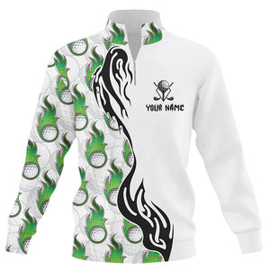 White and Green Flame Golf Ball pattern Quarter zip golf sweatshirt custom team golf sweater outfits NQS8596