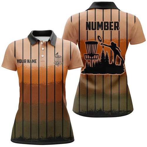 Orange stripe Retro disc golf polo shirt for women custom name and number disc golf jerseys NQS9080