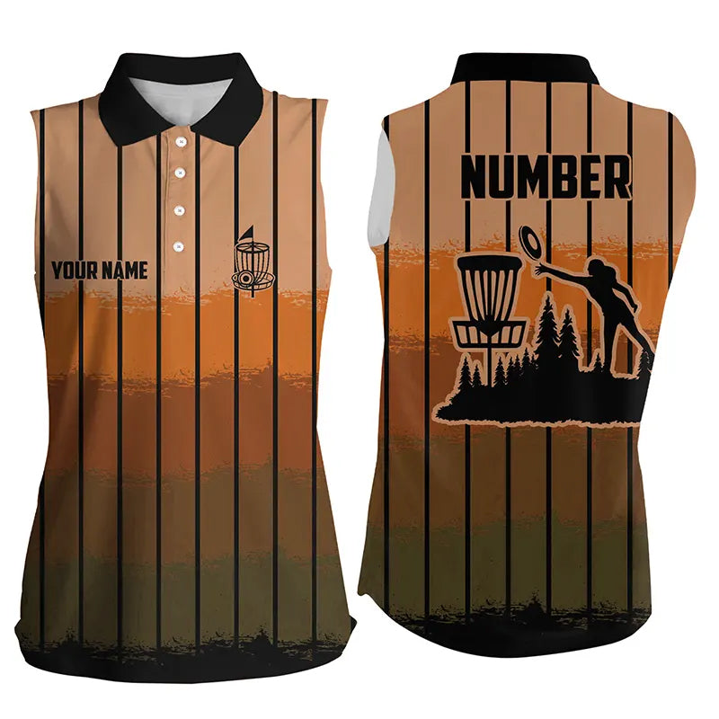 Orange stripe Retro disc golf sleeveless polo shirt custom name and number disc golf jerseys NQS9080