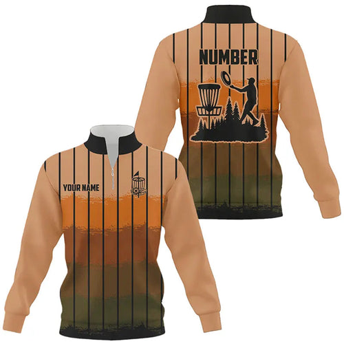 Orange stripe Retro disc golf Quarter zip sweatshirt custom name and number disc golf sweater NQS9080