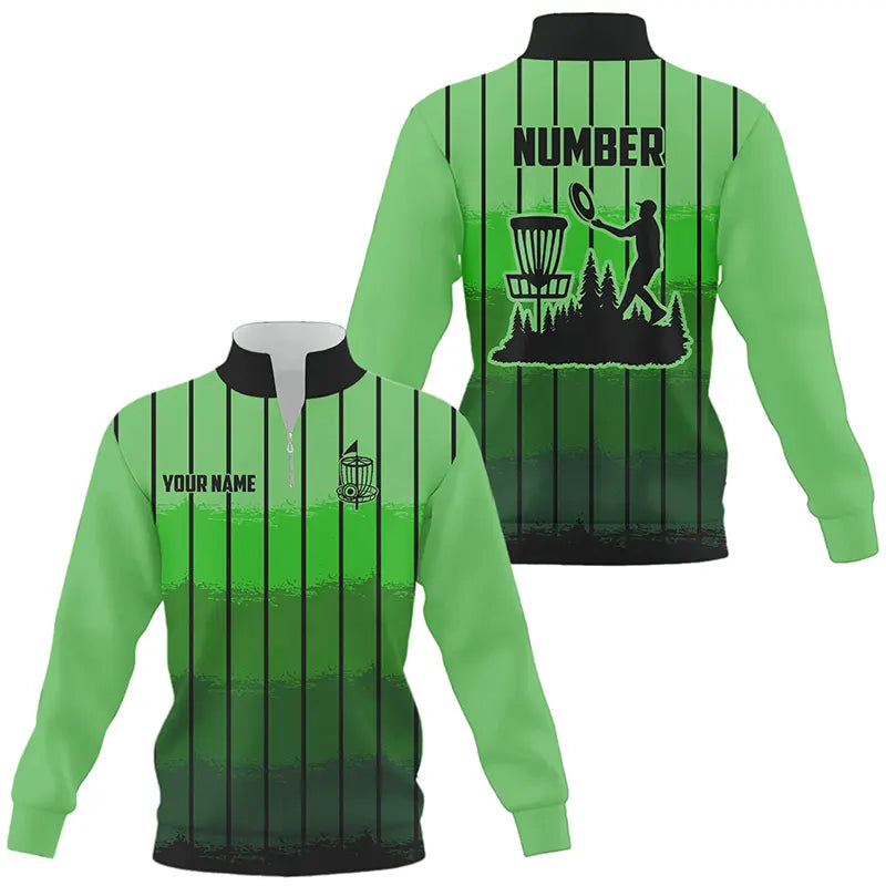 Green stripe Retro disc golf Quarter zip sweatshirt custom name and number disc golf sweater NQS9081