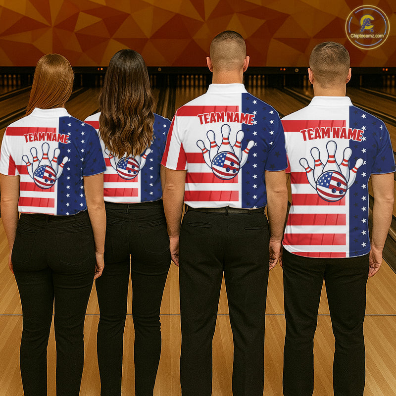 Red, White and Blue American Flag Bowling Shirts For Women Custom Patriotic Bowling Team Jerseys NQS11157