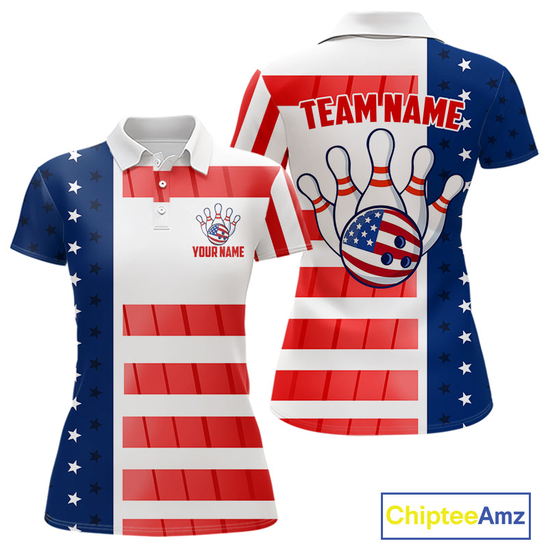 Red, White and Blue American Flag Bowling Shirts For Women Custom Patriotic Bowling Team Jerseys NQS11157
